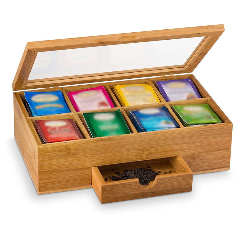 Bamboo Tea Bag Storage Organizer Box with Lid