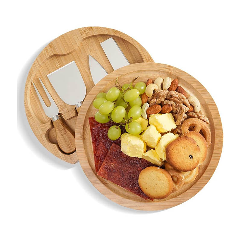 Bamboo Round Cheese Board Set with Slide-Out Cutlery Drawer