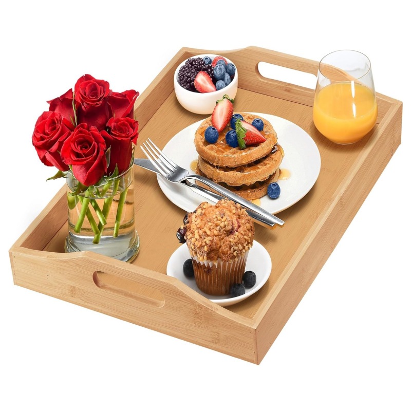 The exquisite bamboo tray with handle brings the warmth and nature of home
