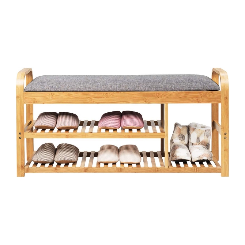 A variety of styles of bamboo shoe stools meet different needs