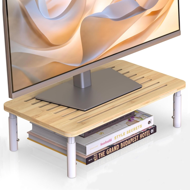 Bamboo monitor stand for healthier sitting posture and perspective adjustment