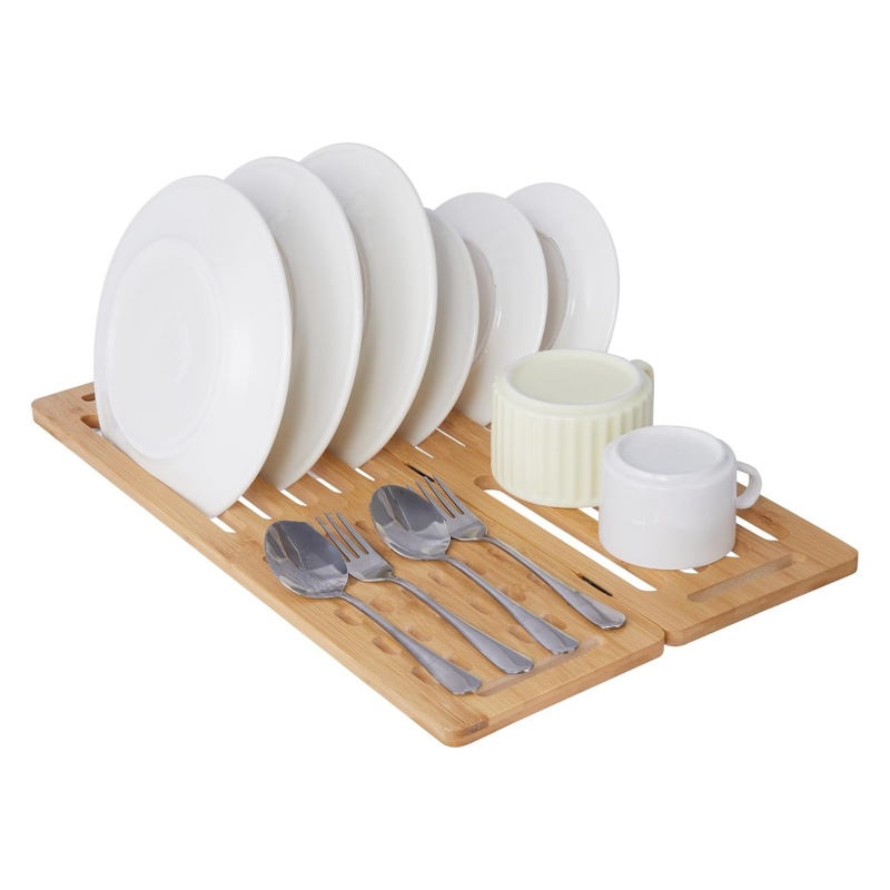 The eco-friendly bamboo dish rack helps you create a tidy kitchen