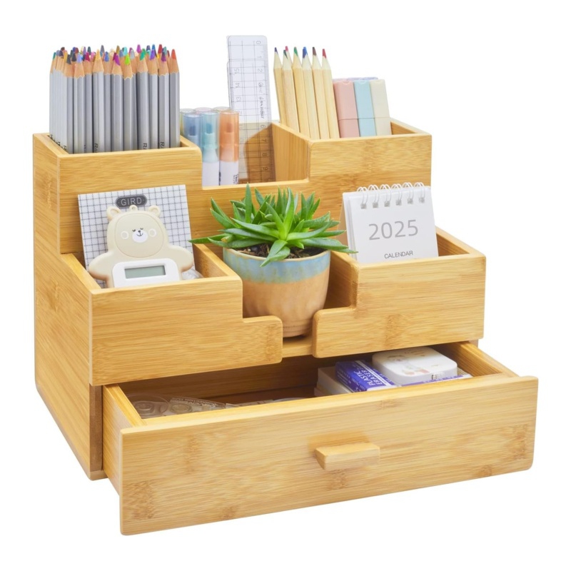 The bamboo multi-layer storage container is very suitable for the office desk
